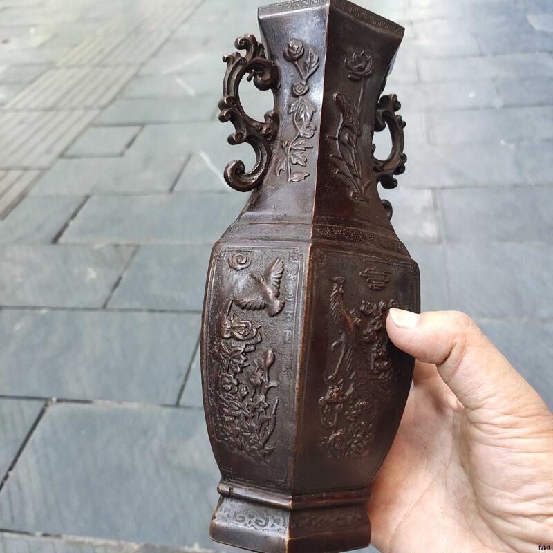 古玩銅器收藏仿古純銅花鳥花瓶以物寓意美好幸福吉祥平安家居擺件| 露天