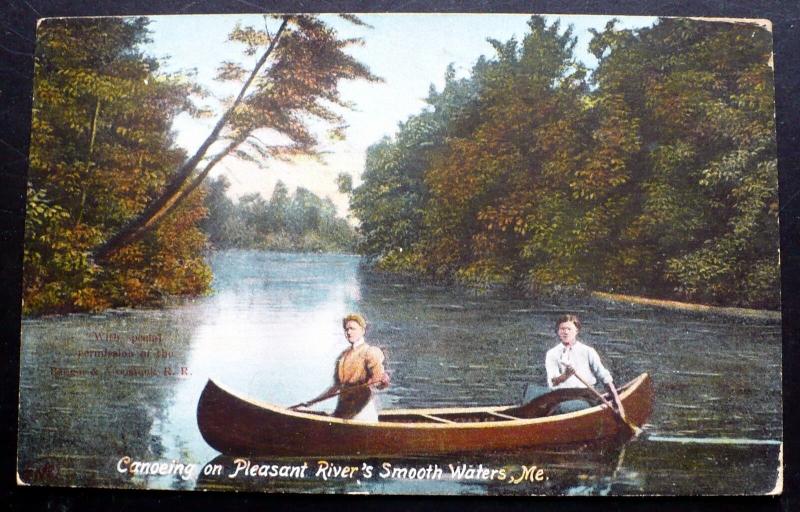 1900-1915 獨木舟在宜人河上的平衡水域,緬因州