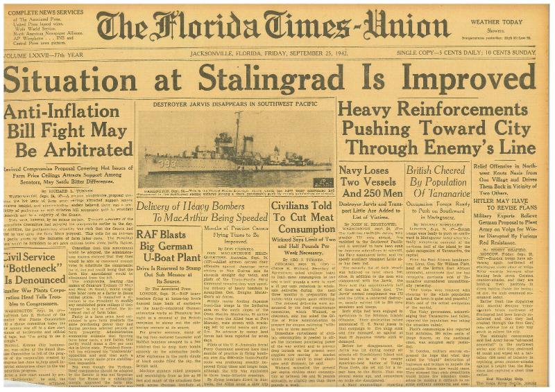 9-1942 25月25日 斯大林格斯情境是改良的美國驅逐艦 賈維斯沉重