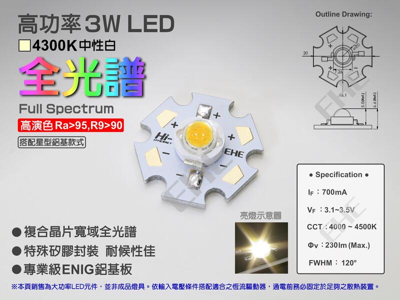 EHE】高功率3W寬域全光譜4300K中性白光LED【含星形鋁基】3H0F4。420nm~740nm，模擬太陽光日照效果