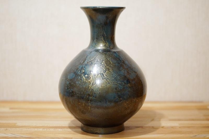 日本老物鑄銅花瓶高岡銅器峰雲作黑藍付木箱11 | 露天拍賣