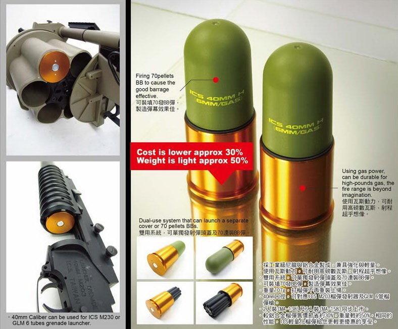 RST紅星- ICS 40mm 輕量化瓦斯榴彈 一入裝 雙用系統 可單射彈頭蓋或70發BB彈 ICS-MA-158-6