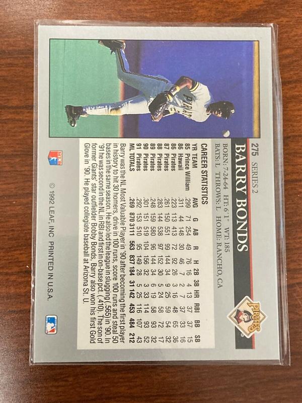 Barry Bonds 1992 Leaf #275 Pittsburgh Pirates Baseball Card