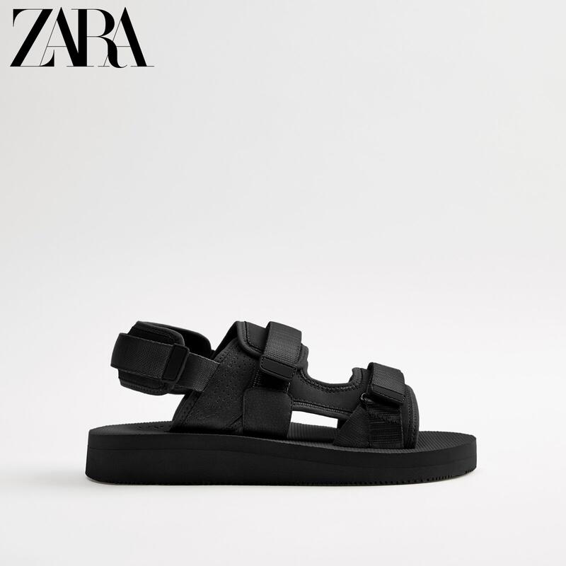 小可  現貨ZARA 新款 男鞋 黑色厚底科技面料舒適休息涼鞋 12706820040