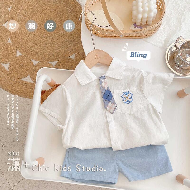 【免運】兒童學院風套裝男童夏短袖白襯衫棉麻短褲兩件套寶寶清涼兩件套
