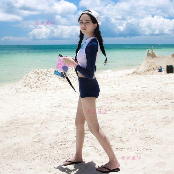 (泳衣)(新款)韓國新款分體泳衣女保守學生小清新性感長袖顯瘦平角泡溫泉兩件套  露天拍賣