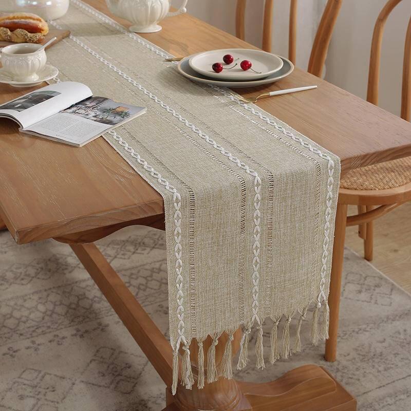 美式桌旗棉麻餐桌布手工流蘇茶幾桌墊家居長桌裝飾布